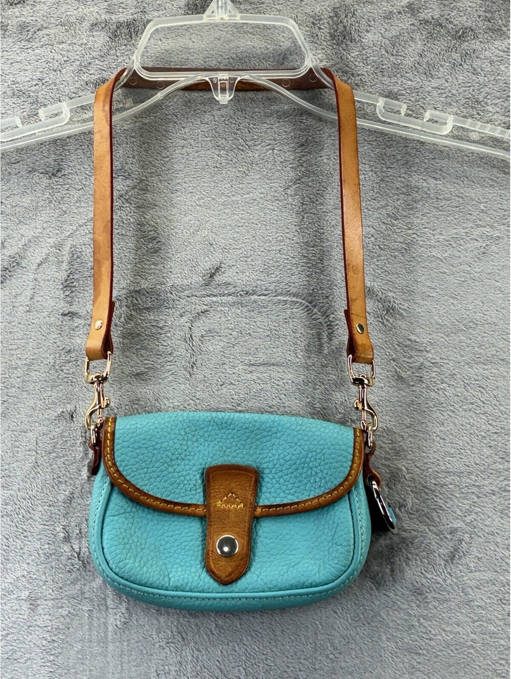 VTG Dooney and Burke Pebble Leather Mini Crossbody Blue Turquoise Brown Trim